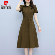 皮爾卡丹休閑棉麻連衣裙女夏2025新款中年媽氣質(zhì)洋氣遮肚子減齡顯瘦裙子 咸菜綠 有口袋 L 建議105-114斤