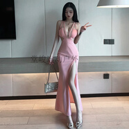 堂峻晚禮服長(cháng)裙夜場(chǎng)店女裝宴會(huì )氣質(zhì)性感低胸深V領(lǐng)網(wǎng)紗拼接吊帶連衣裙 粉紅色 M