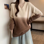布舒瑤慵懶風(fēng)漸變灰色毛衣女秋冬大碼胖mm寬松顯瘦中長(cháng)款V領(lǐng)針織打底衫 咖色毛衣(版)【感超好看/歐洲站 M (80-100斤)