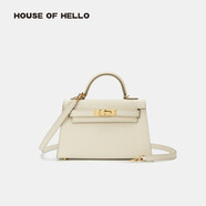 HOUSE OF HELLO品牌包包單肩包百搭女包二代mini凱莉包牛皮輕奢女包斜挎惡搞包包 20寸奶昔白金扣升級蠟線