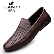 富貴鳥(niǎo)男鞋秋季真皮商務(wù)皮鞋男士休閑鞋軟皮頭層牛皮豆豆鞋透氣父親鞋子 FG2138棕色鏤空 37