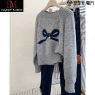 DAVEY MODE灰色蝴蝶結(jié)套頭毛衣女2025秋冬感內(nèi)搭打底衫針織衫上衣 灰色 M 建議90-110斤