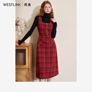 西遇圣誕復古氣質(zhì)撞色格紋連衣裙女2024秋冬A字裙方領(lǐng)背心裙 紅色 M