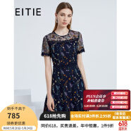 爱特爱（EITIE）夏季新品商场同款显瘦高腰优雅蕾丝花边印花短袖连衣裙6607317 深蓝31 42/XL/170-92A