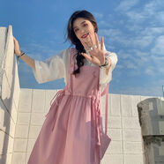 夏天新款連衣裙學生夏季女生裙子背帶中長裙子套裝少女生夏裝2022新款初中高中學生甜美英倫風連衣裙 粉色背帶裙+包 S