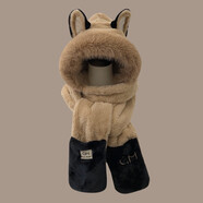 目丸帽子女秋冬季鹿角毛茸茸護耳三件套雙層加厚圍巾手套一體保暖帽子 卡其拼色