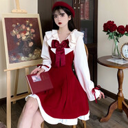 唐努烏（Tang Nu wu）洛麗塔裙子Lolita海軍領(lǐng)綁帶學(xué)院風(fēng)連衣裙衣領(lǐng)可拆卸 紅色公主裙 L【105-115斤】
