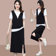 恰凡（QIAFAN）休閑時(shí)尚氣質(zhì)套裝女士2025夏新款洋氣減齡假兩件上衣半身裙一整套 黑色 XL 建議115-130斤