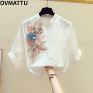 OVMATTU輕奢潮牌 重工亮片刺繡花朵裝飾V領(lǐng)短袖襯衫女2022夏裝新款韓版休閑襯衣潮 白色 S