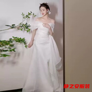 瑪菲萱法式一字肩輕婚紗新款新娘超仙氣質(zhì)迎賓出門紗森系白色禮服裙 白色 婚紗+蝴蝶+頭紗 2XL -服女宴會(huì)晚禮服高檔大氣