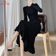 昔函針織連衣裙女秋冬修身長(cháng)款過(guò)膝包臀荷葉邊魚(yú)尾裙內搭打底毛衣裙子 黑色 均碼 （80-130斤）