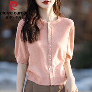 皮爾卡丹（pierre cardin）小香風(fēng)配裙|子短款針織衫五分袖薄毛衣t恤上衣珍珠扣中袖開衫 粉色 M