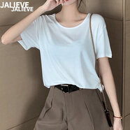 嘉麗薇t恤女夏季新款外穿冰絲打底寬松百搭簡約休閑韓版莫代爾短袖上衣 白色【圓領】 XL