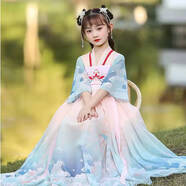 兒童漢服女童夏季薄款古裝中國風(fēng)超仙連衣裙大童長(cháng)袖女孩古風(fēng)仙氣 浪花短袖 160