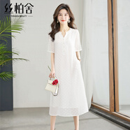 絲柏舍短袖連衣裙夏裝新款女休閑氣質(zhì)時(shí)尚設(shè)計(jì)套頭顯瘦中長裙 白色 XL