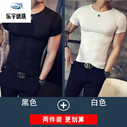 短袖T恤男士健身運(yùn)動(dòng)鏤空緊身社會(huì)精神小伙修身冰絲半袖體恤衫潮的悠曼婭1 黑色+白色 M