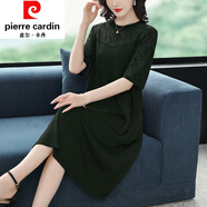 皮爾卡丹女裝蕾絲網(wǎng)紗拼接連衣裙女2022夏季寬松顯瘦洋氣年輕女士冰絲針織 墨綠色 M