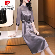 皮爾卡丹（pierre cardin）重工醋酸緞面連衣裙女春裝2024新款御姐輕熟風(fēng)氣質(zhì)女神范收腰顯瘦 深灰色 L