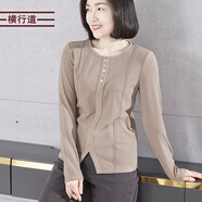 橫行道2024春季新款純色簡(jiǎn)約淑女圓領(lǐng)排扣下擺開(kāi)叉長(cháng)袖T恤女上衣 大象灰 2XL