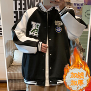 Shelley Jones美式復古棒球服外套男春秋季新款ins寬松潮流大碼休閑夾克上衣服 111黑色加絨 XL (建議130-150斤)