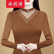 冰悅詩修身顯瘦長袖2025秋冬裝時尚網(wǎng)紗拼接內搭加厚加絨打底衫女上衣 焦糖色 薄款 2XL 建議120-130斤