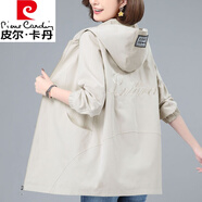 皮爾卡丹（pierre cardin）純棉風(fēng)衣女中長(zhǎng)款春秋季寬松大號(hào)中年媽媽裝氣質(zhì)休閑連帽全棉風(fēng)衣 米白色 XL 120-130斤