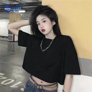 尚簡(jiǎn)紛100%純棉秋季220g重磅網(wǎng)紅短款T恤女ins寬松百搭顯瘦短袖上衣女潮 黑【無(wú)圖案】 M 90-105斤