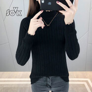 SOVK加絨加厚紅色毛衣女秋冬季新款保暖長(cháng)袖半高領(lǐng)修身針織打底衫 黑色 XL 建議110-120斤