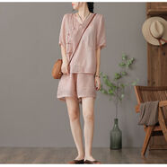 FDPV棉麻套裝兩件套復古裝復古時(shí)尚女士2023夏薄款短袖上衣寬松短褲女