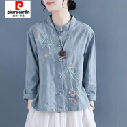皮爾卡丹（pierre cardin）撿漏專柜撤回品牌尾貨女中式盤扣茶服上衣刺繡棉麻長袖襯衫 藍(lán)色  XL 建議105-120斤