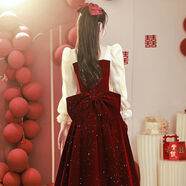 秸汐訂婚衣服女冬季結婚敬酒服2025新款新娘小個(gè)子平時(shí)可穿訂婚訂婚裙 酒紅色 中長(cháng)款 M