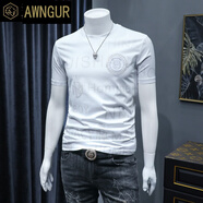 AWNGUR 歐貨潮牌高端刺繡短袖T恤男夏季修身男士純棉體恤男亮片圓領(lǐng)半袖 白色211024 L