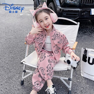 迪士尼女童秋裝套裝2025新款兒童套裝春秋洋氣女小童衣服外套褲子兩件套 粉紅色 100