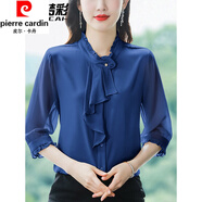皮爾卡丹（pierre cardin）真絲短袖襯衫女夏季新款時(shí)尚洋氣荷葉邊氣質(zhì)小衫桑蠶絲上衣 藍色 2XL
