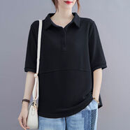 適合胖人穿的衣服加肥加肥婆夏裝上衣夏季新款短袖胖mm大碼女裝韓版寬松文藝翻領(lǐng)上衣休閑時尚純棉T恤 黑色 （純色） 4XL 建議175-200斤