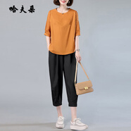 哈夫朵大碼女裝胖MM夏裝時(shí)尚兩件套闊太太套裝夏裝媽媽夏裝時(shí)尚休閑洋氣 桔衣黑褲套裝 4XL 建議160斤-180斤