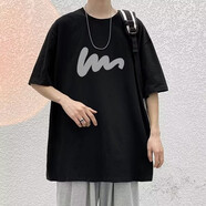 嘉曄五分袖男夏季短袖T恤男學(xué)生韓版潮流港風(fēng)ins卡通情侶半袖上衣體恤 kpT46黑色 XL
