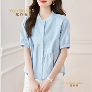梵喬希品牌定制圓領(lǐng)襯衫女短袖夏季新款時(shí)尚不對稱(chēng)設計感小眾純棉襯衣 藍色 M