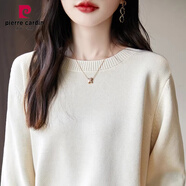 皮爾卡丹（pierre cardin）不起球純棉打底衫女秋冬寬松內(nèi)搭毛衣洋氣2024新款圓領(lǐng)針織衫 米杏色 S