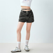 樂(lè )町綁帶洗水牛仔褲新款經(jīng)典小A版短褲辣妹性感休閑褲子 深灰（現貨） S