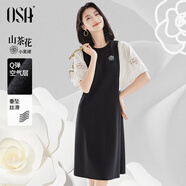 歐莎（OSA）法式假兩件拼接連衣裙女夏季新款小個(gè)子氣質(zhì)泡泡袖小黑裙 黑色 S