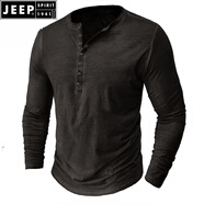 JEEP SPIRIT歐美男士仿舊亨利衫復(fù)古長袖T恤大碼男裝紐扣水洗做舊打底衫上衣 深灰色  S （130-145斤）