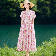 佰藍(lán)嬌純棉碎花連衣裙女中長(zhǎng)款2024夏季新款遮肚子顯瘦減齡氣質(zhì)裙子夏天 粉色 M（建議105斤內(nèi)）