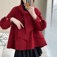 NYIG紅色雙面羊絨大衣女短款小個(gè)子新款韓版寬松斗篷羊毛呢外套 紅色 M