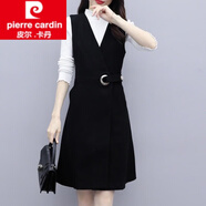皮爾卡丹（pierre cardin）毛呢背心裙套裝女2025年秋冬新款洋氣減齡中長(zhǎng)款打底連衣裙套裝女 黑色背帶裙配白毛衣 L 100-115斤