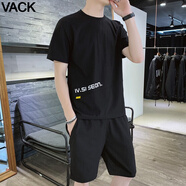 VACK 夏天休閑短袖套裝男寬松圓領(lǐng)衣服情侶裝冰絲T恤男裝夏季運(yùn)動(dòng)服 95黑色 M(90-110斤)