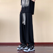 NEW OR MODE棉麻休閑褲男夏季薄款oversize闊腿寬松褲子美式高街亞麻直筒褲 黑色 XL (推薦135-155斤)