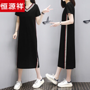 恒源祥遮肚子純棉v領(lǐng)2024新款連衣裙女夏休閑運動中長款過膝t恤裙子偏胖 黑色 4XL 適合150-165斤