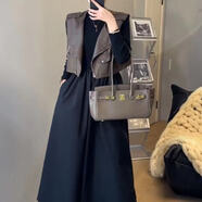 輕蝶秋季穿搭女套裝時尚高級2024新款美拉德春夏時尚穿搭小馬甲皮衣黑 美拉德皮衣馬甲兩件套 M(建議85-105斤）