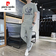 皮爾卡丹（pierre cardin）男士休閑套裝冰絲2025夏季新款短袖t恤潮流男裝休閑一套搭配帥氣 V款灰綠色套裝 M 80-100斤